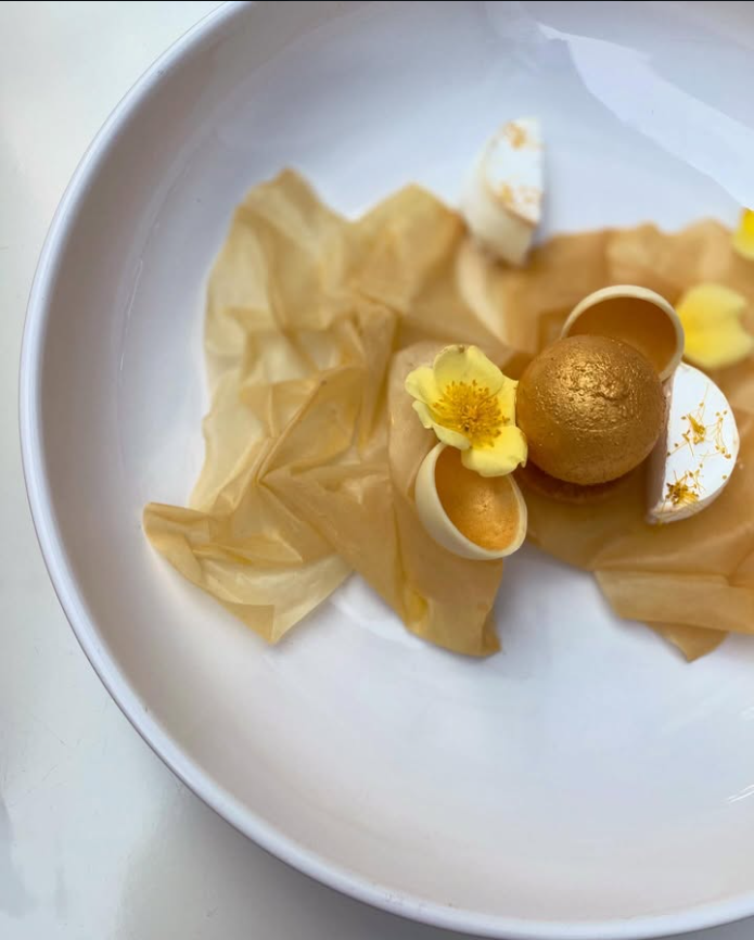 Golden floral dessert